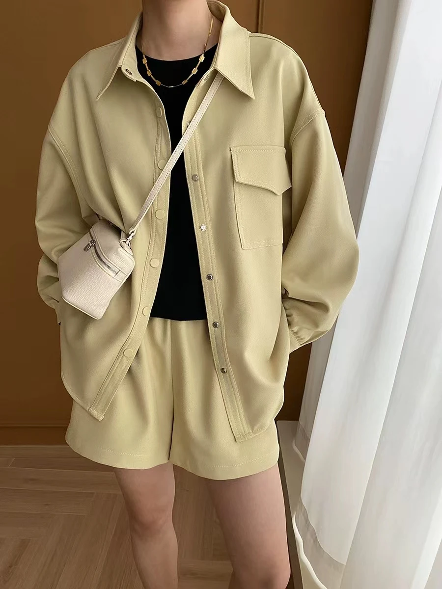 Comfortable And Casual French Style No Iron Shirt And Shorts Two-Piece Set Early Spring New Long Sleeved Lapel Women's Clothing