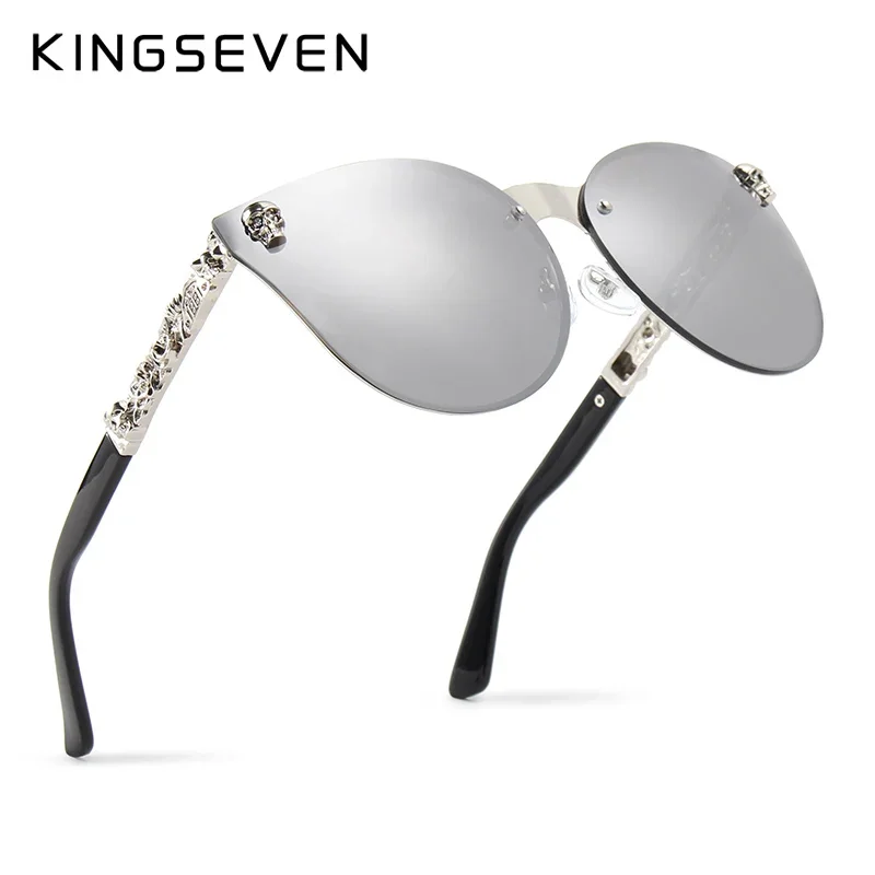 KINGSEVEN Luxury Brand Fashion Women Gothic Mirror Eyewear Skull Frame Metal Temple Oculos de sol UV400 With Accessories