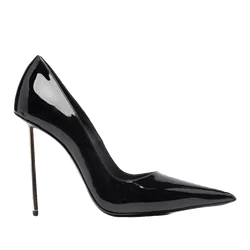 Zapatos de tacón alto para mujer, calzado de charol negro, Stiletto dorado, boca baja, puntiagudos, pequeños, 2024