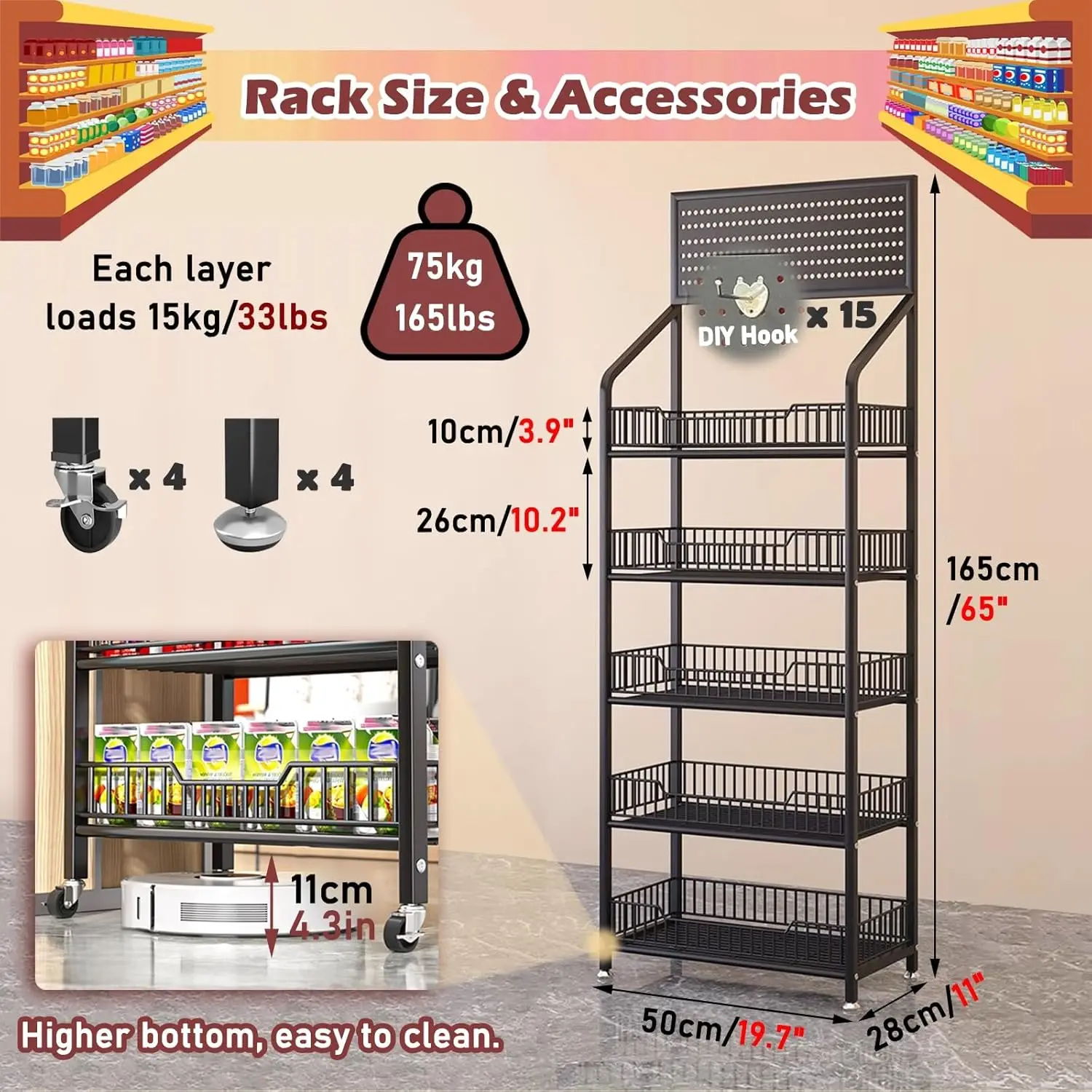 5 Tier Supermarket Shelf Display Rack, Commercial Snack Organizer for Home Convenience Stores Kitchen, Holder Stand with Wheels