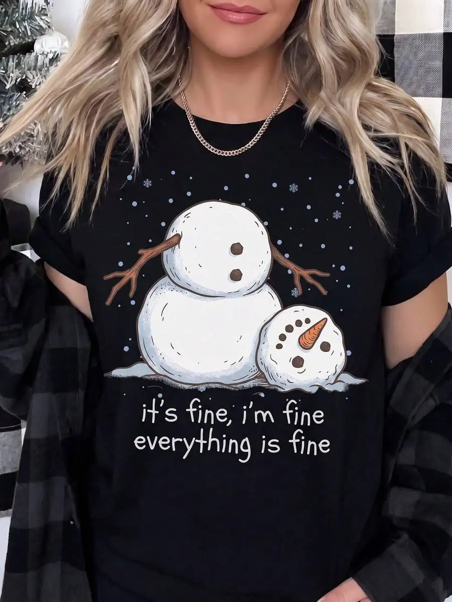 2026 New Fashion Women Crew Neck T-Shirt Fun Christmas Melting Snowman Sublimation Design Print Winter Holiday Casual Tops Basic Top T-Shirt