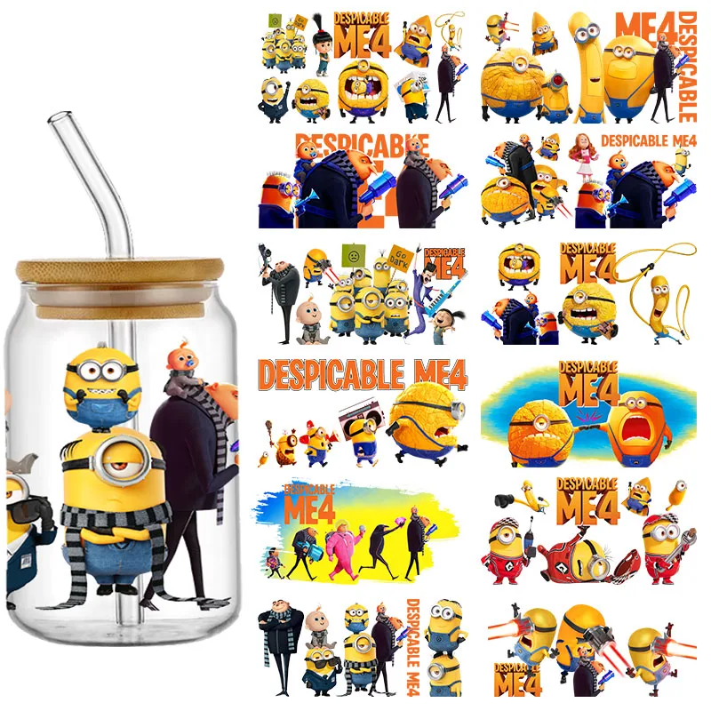 

3D Miniso Cartoon Yellow Minions 16OZ UV DTF Cup Wraps Transfer Sticker For Glass Libbey Can Bottle Washable DIY Custom