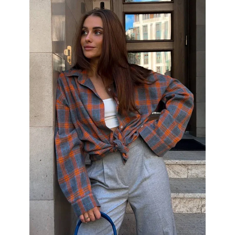 Women's Pink & Grey Plaid Flannel Shirt Button Down, Long Sleeve, Casual Streetwear Blouse for Layering view 3