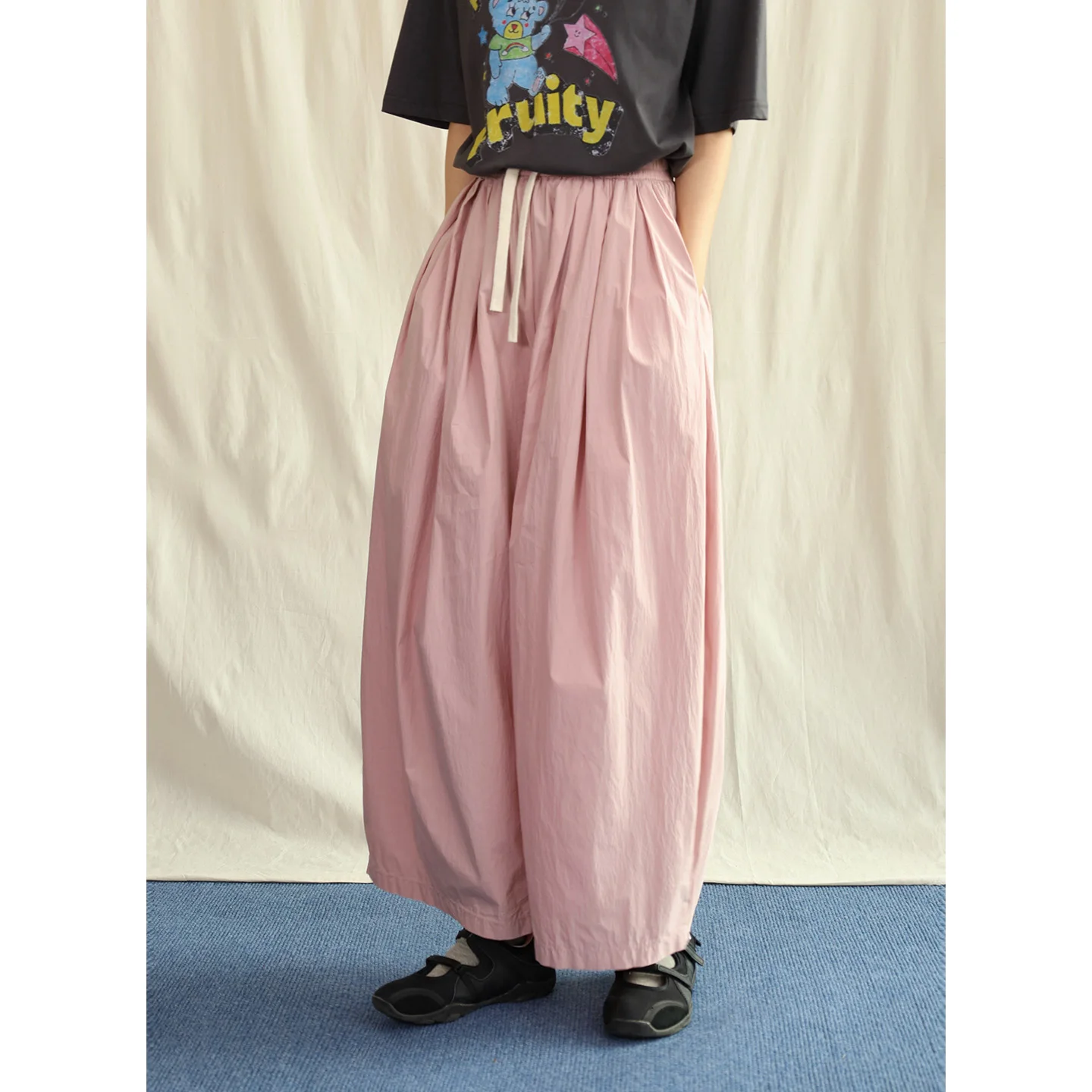 

Розовые быстросохнущие брюки-баллоны на шнурке, новинка для прохладного лета, повседневный стиль, эластичный пояс, ткань из нейлона и хлопка