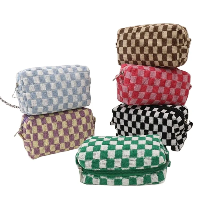 

Fashion Plaid Cosmetic Bag Contrast Color Knitting Makeup Bag Cosmetics Brush Lipsticks Organizer Holder Bag Zipper Toiletry Kit