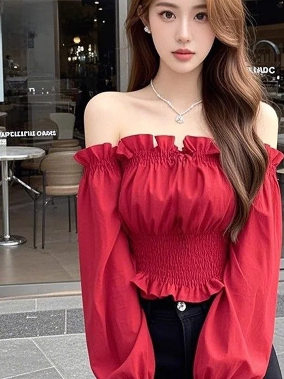 Red Long Sleeve One Shoulder Shirt Women's High Waist Slim Fit Short Top Korean Style Commute Fashion Bell  Design
