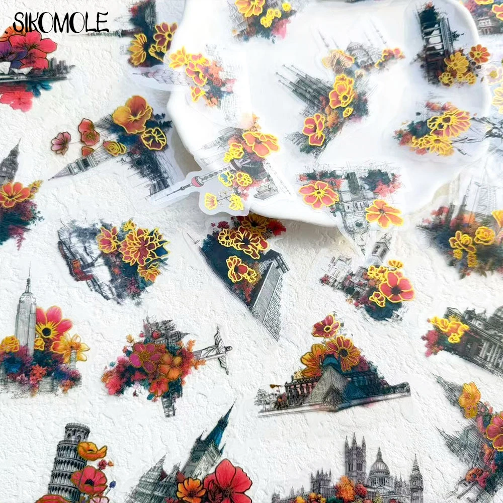 

50PCS Creative Building Flowers Print Transparent Sticker Aesthetic DIY Bicycle Decorative PET Photo Landscape Suitcase Stickers