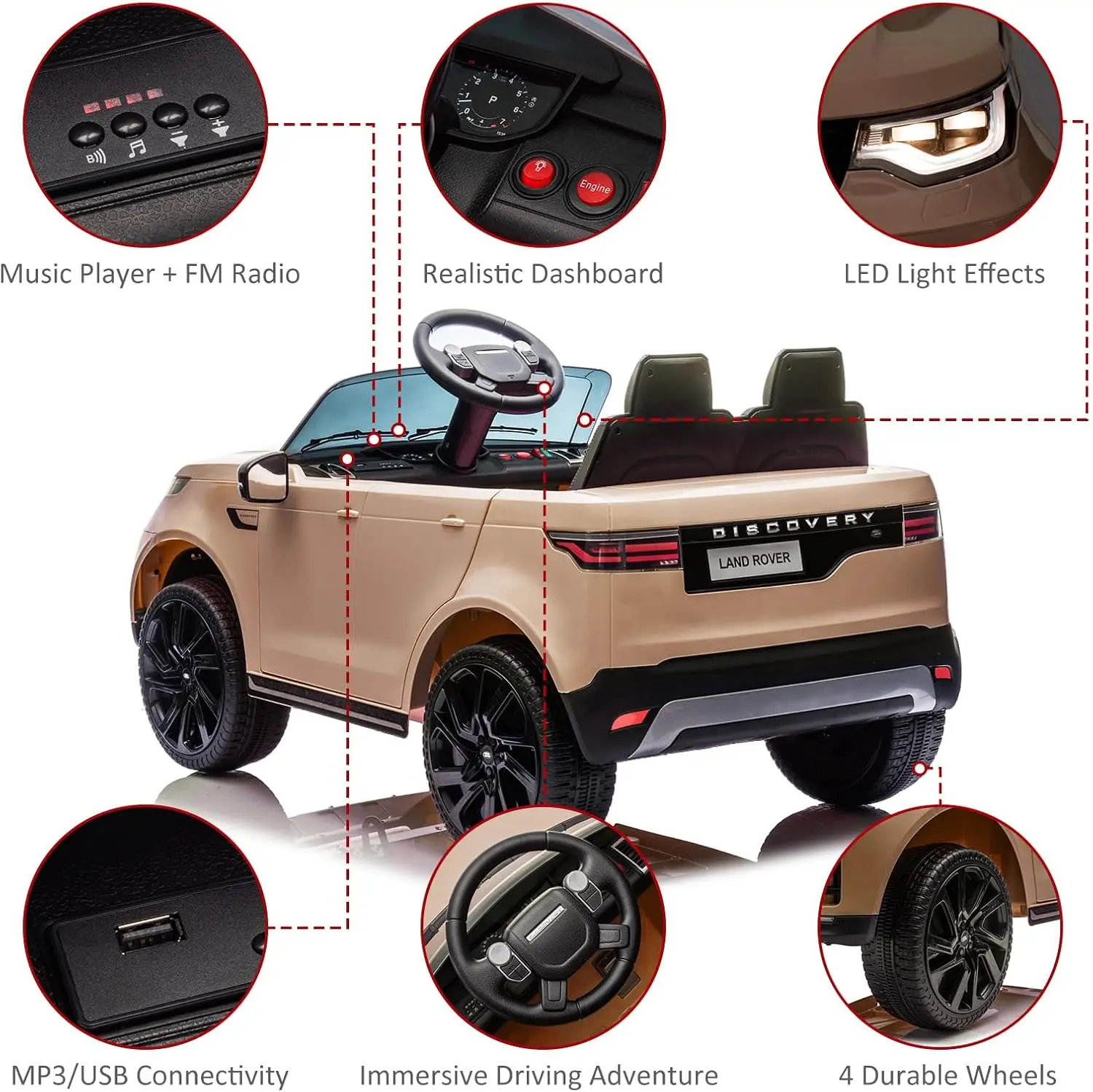 Coche eléctrico para niños de 12 V con control remoto parental, vehículo con batería de doble motor con luces LED, cinturón de seguridad musical