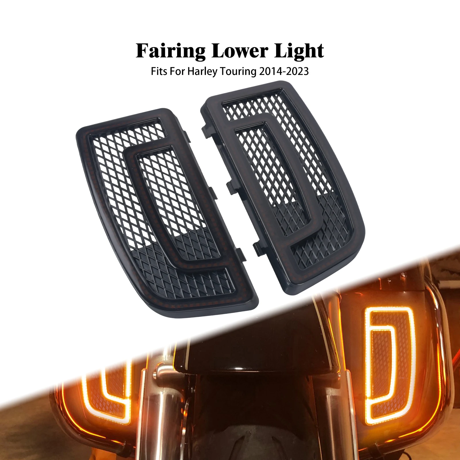 

Motorcycle Fairing Lower LED Light Grills Turn Signal Running Lamp For Harley Touring Road Electra Street Glide Road King 14-23