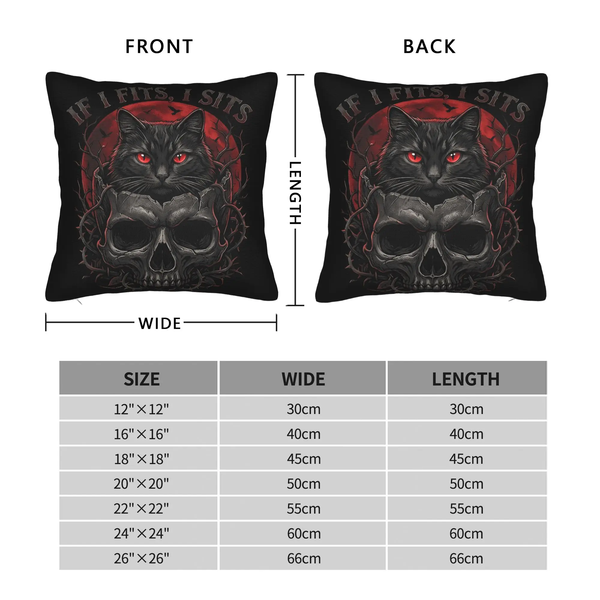 If I Fits I Sits Black Cat Skull Gothic Dark Humor Pillow Case  Square Pillow Cover For Living Room Chair Vintage Pillowcases