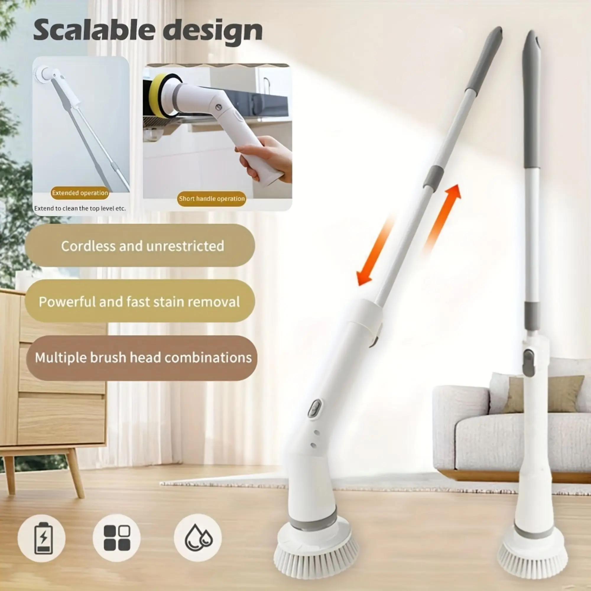 1Set Electric Cleaning Brush,USB-C Charging Line Spin Scrubber,Long With 6 Replaceable Brush Heads, Floor Bathroom Scrubber