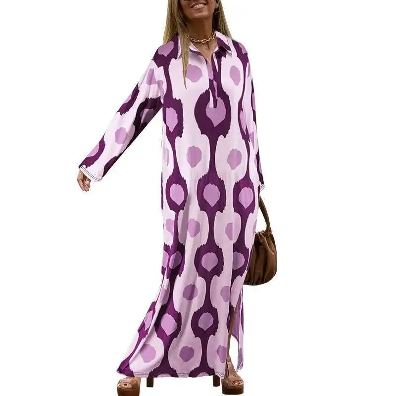 Dz014 Plus Size damska klapa z długim rękawem rozcięcie luźna sukienka zroszony 2025 Party lato eleganckie Casual Y2k