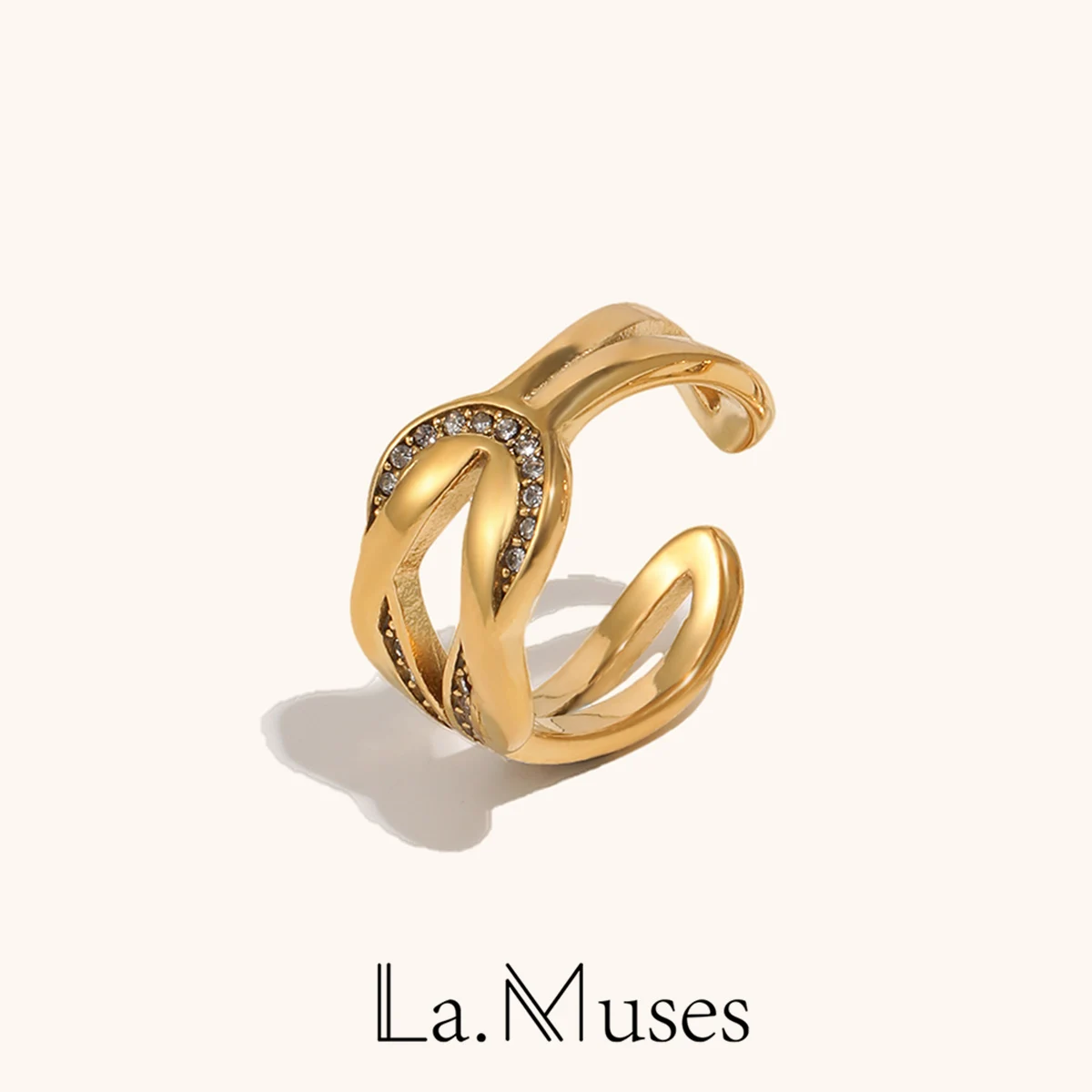 La. Anillo Abierto de Acero Inoxidable con Diseño de Nudos Muses para Mujer, Chapado en Oro PVD, Accesorios de Joyería de Moda