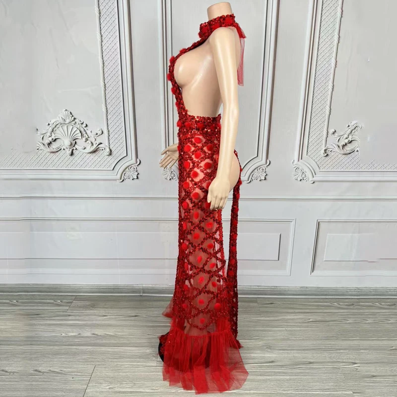 Red Seguined Party Dress Women Sexy Cutout Evening Dresses Stage Catwalk Outfit Bar Celebrate Gogo Costume Rave Wear XS9587