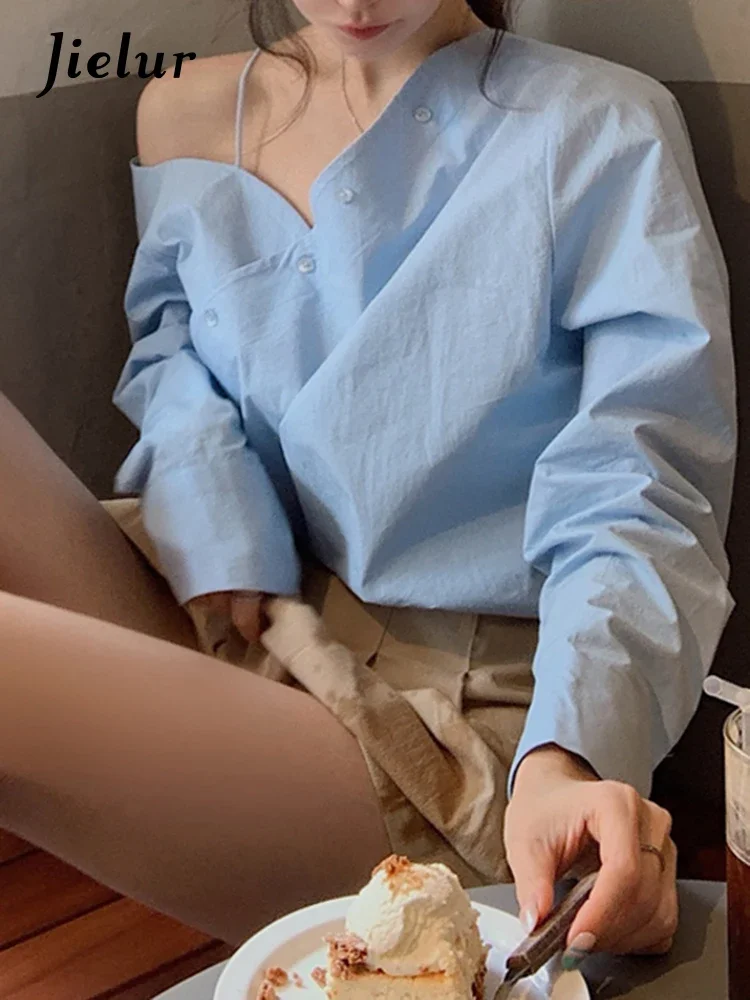Süße elegante unregelmäßige Frau Bluse neue einfarbige schlanke Frauen Bluse weiß blau lässig lose Mode lang ärmel ige Top weiblich