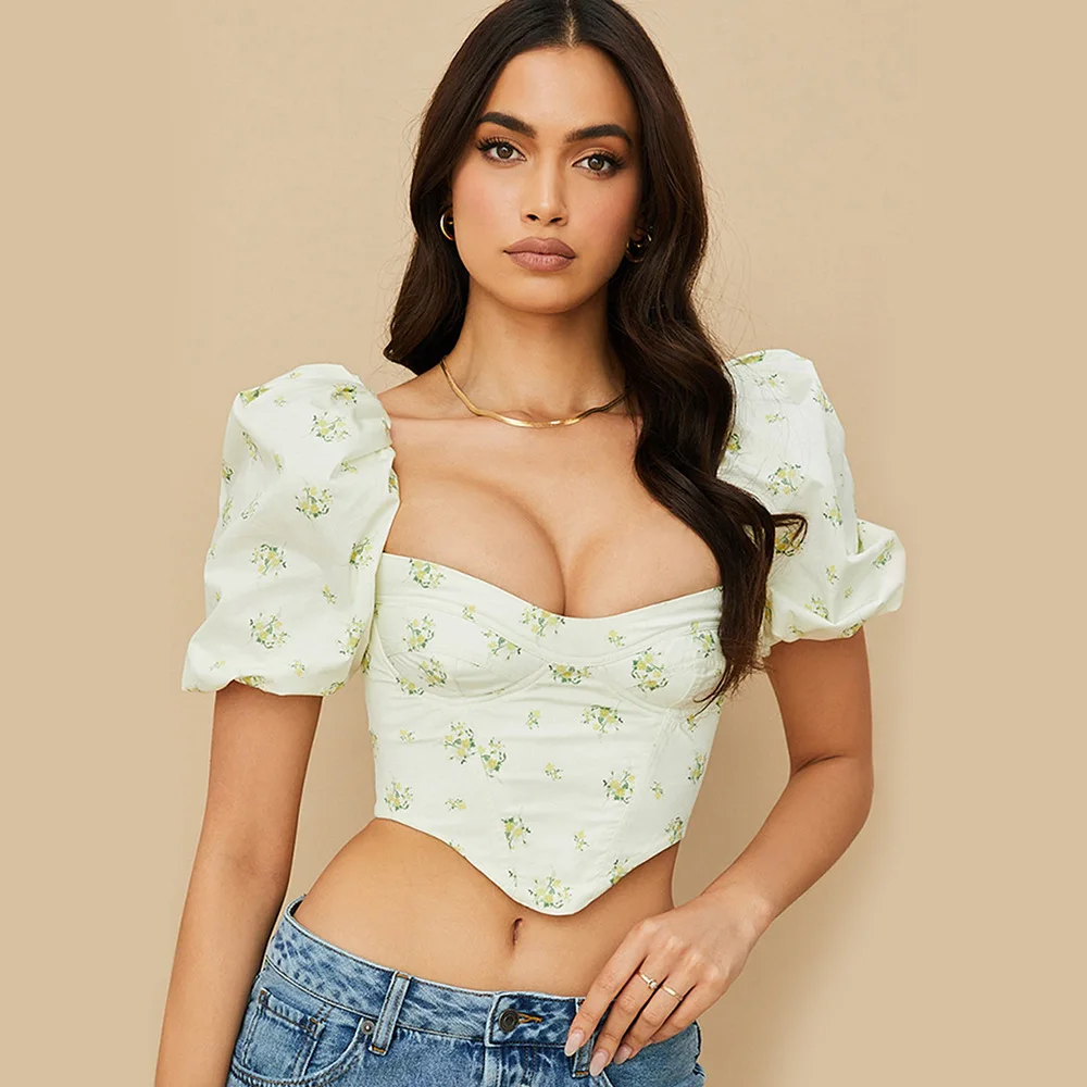 

Temperament commuter bubble sleeve small top white printed square neck short sleeve slim T-shirt fashionable simple temperament