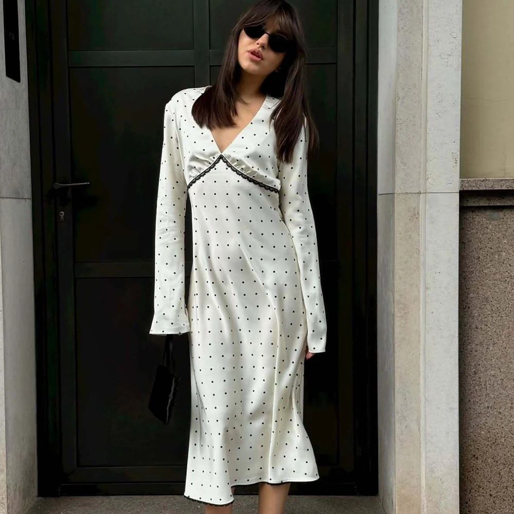 Elegant High-Waisted Polka Dot Satin Dress for Women