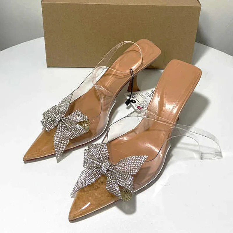 Point Head High Heels Sandal For Woman New Summer Rhinestone Bow Knoit Slingbacks Pumps  Women Transparent Khaqi Sole Stilettos