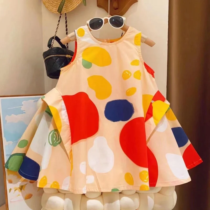 

New Girl's Design Sense Full of Splicing Style Contrast Color Big Polka Dot Princess Vest Dress2024Summer dress-WSNY