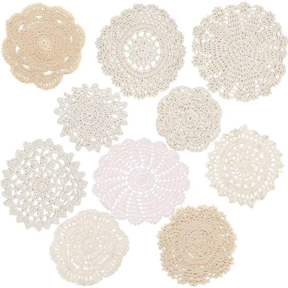 10 pcs Crocheted Doilies Cotton Hand Made Round Crochet Lace Table Placemats Value Pack Cup Mat Cotton Coaster 4-6 inches Round