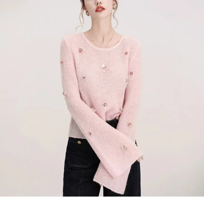 Spring Autumn New Shiny Handmade Flower Soft Knitwear Loose-fitting Match-all Sweater For Women