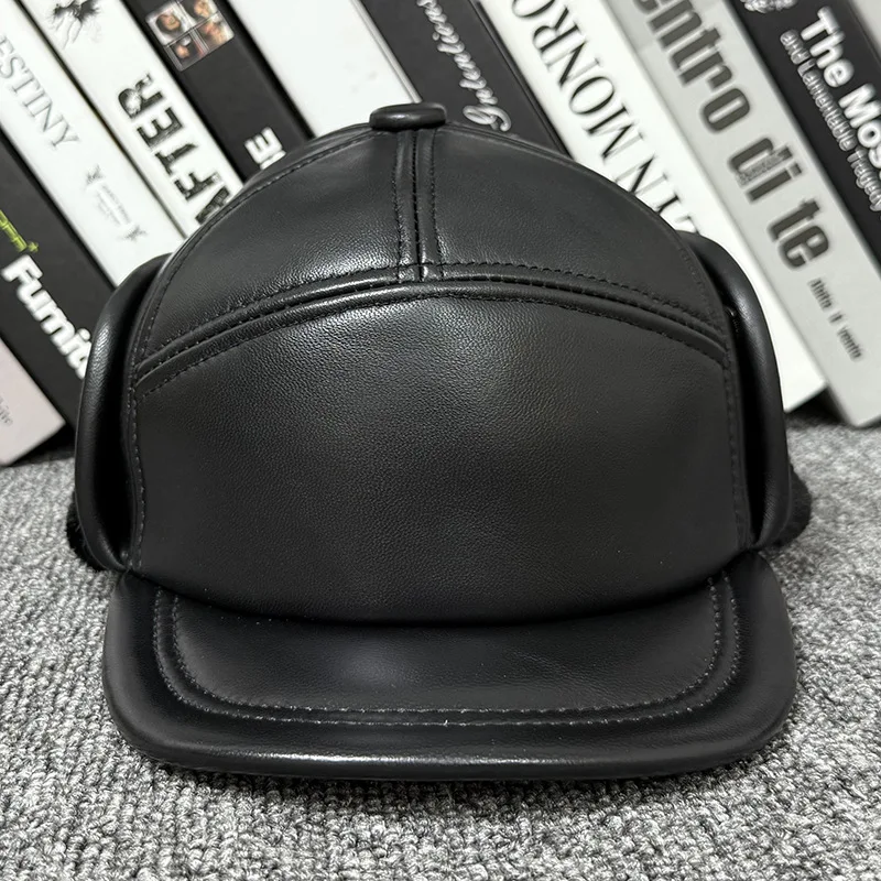 

Genuine Leather Cap Winter Warm Sheepskin Baseball Caps For Men Fuzz Plush Thickened Coldproof Earmuffs Hats Fitted Leather Hat