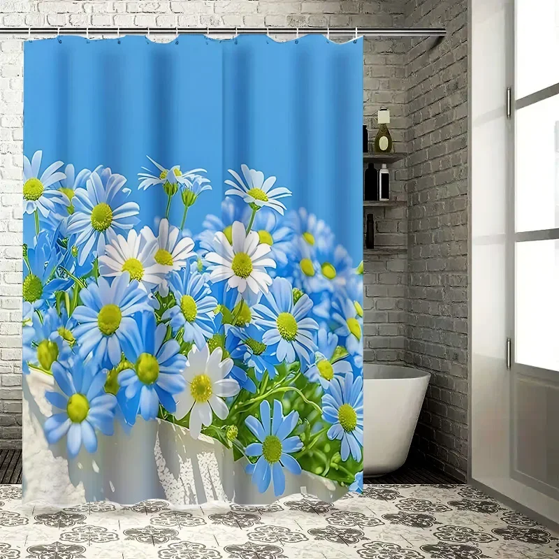 ستارة دش أنيقة مع زهور الأقحوان الزرقاء والبيضاء الجميلة مناسبة للفصل الرطب والجاف لديكور المنزل الربيعي #4