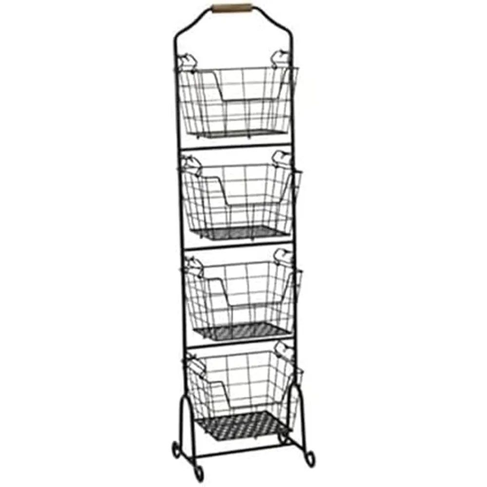 Basics Ferme 4-Tier Market Basket - Antique Black Wire and Acacia Wood Handle, Kitchen Fruit Vegetable Storage Organizer,