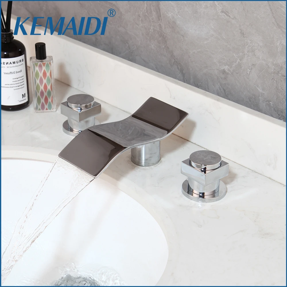 

KEMAIDI Solid Brass Waterfall Bathroom Basin Faucet Deck Mounted Washbasin Bathtub Faucet Set Flush Cold & Hot Water Mixer Tap