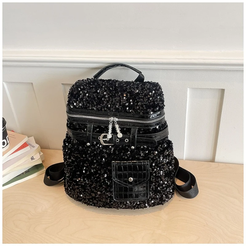 Glitter Silver Sequin Drawstring Bucket Backpack Adjustable Strap Multi-purpose Shoulder Bag Daily Party Travel Handbag