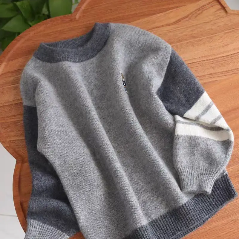 Auterm Winter Loose Knitted Sweater Boy Girl Clothes Round Neck Kid Pullover Thick Integrated Velvet Outerwear for Teenagers kid