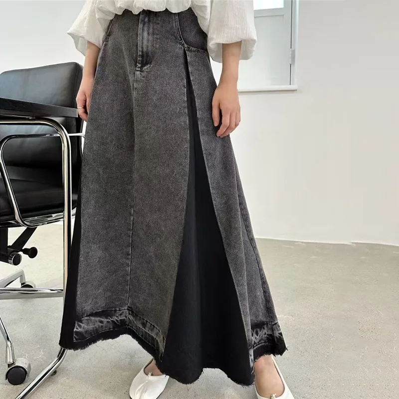 

2026 New Vintage Patchwork Denim Skirt Women Fashion Color-block A-Line Long Skirt High Waist Loose Casual Jean Skirts