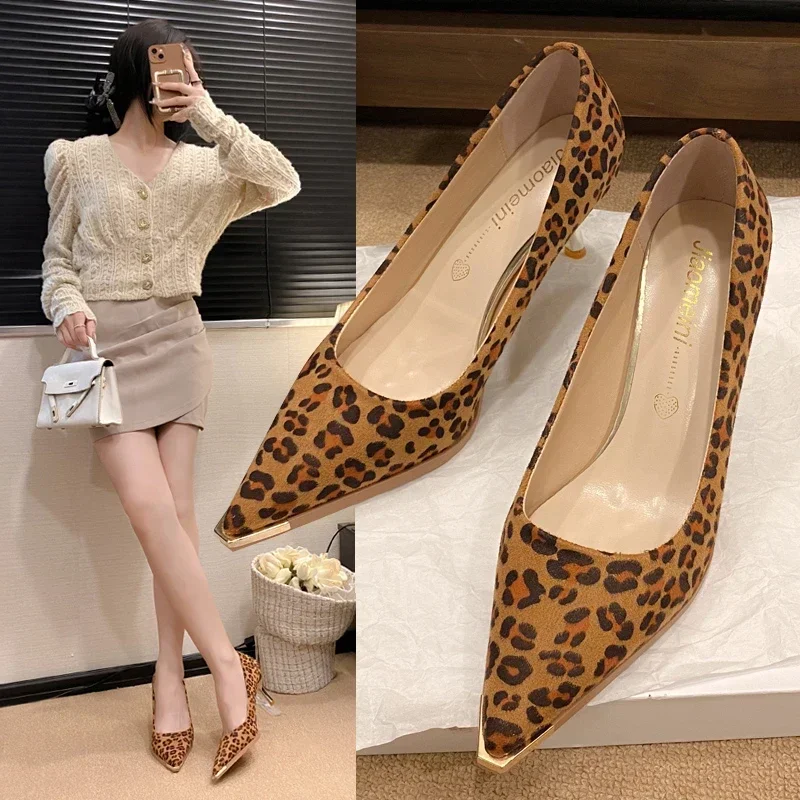 

Women's Leopard Print Sexy High Heels Metal Toe Pointed Tip Thin Heels Shallow Mouth Luxury Shoes Leisure Banquet Workplace 2024