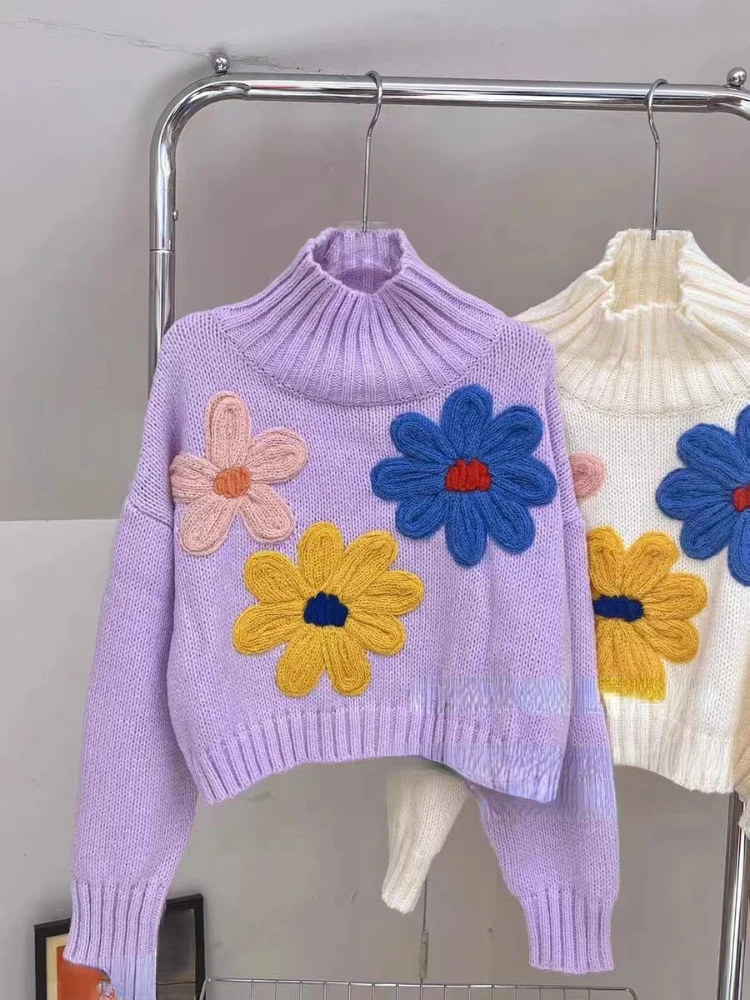 女性用長袖タートルネックセーター,花が刺繍された新しいセーター,短いセーター,しっかりとしたデザイン,衣類,秋冬