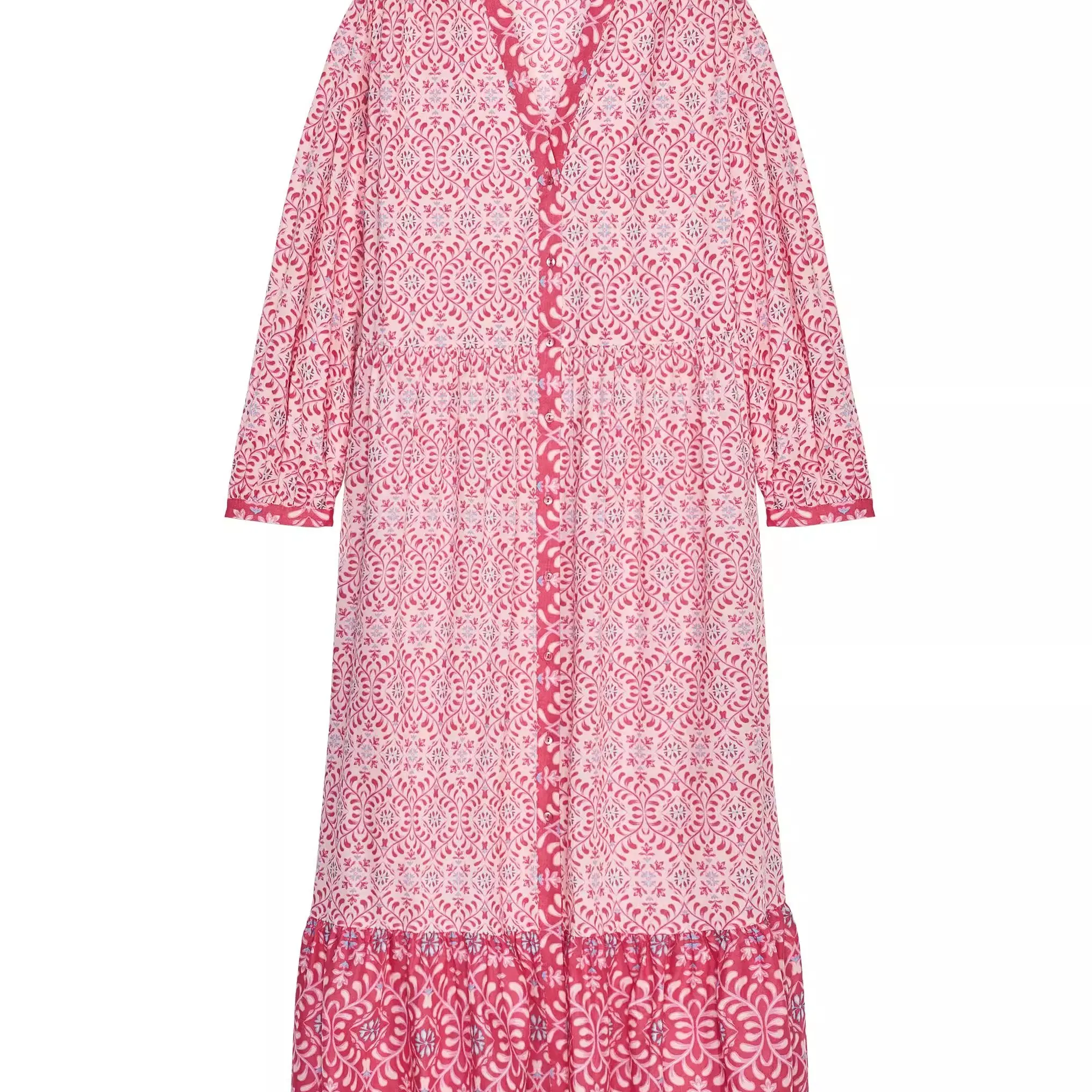 Sukienka midi w kwiatowy wzór z okrągłym dekoltem, długim rękawem, nowa letnia sukienka damska z rękawami typu dzwonek, wysoki stan, szyfon.