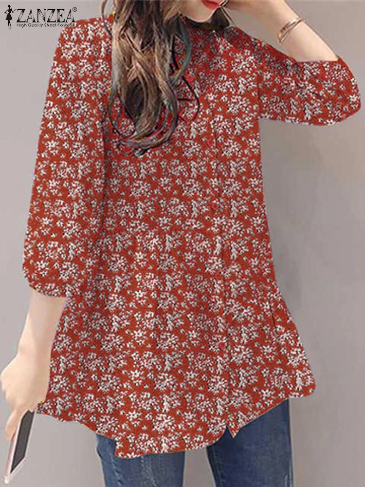 ZANZEA femmes Blouses 2025 automne Vintage chemise florale imprimé bohème élégant col montant 3/4 manches tunique décontractée hauts Blusas