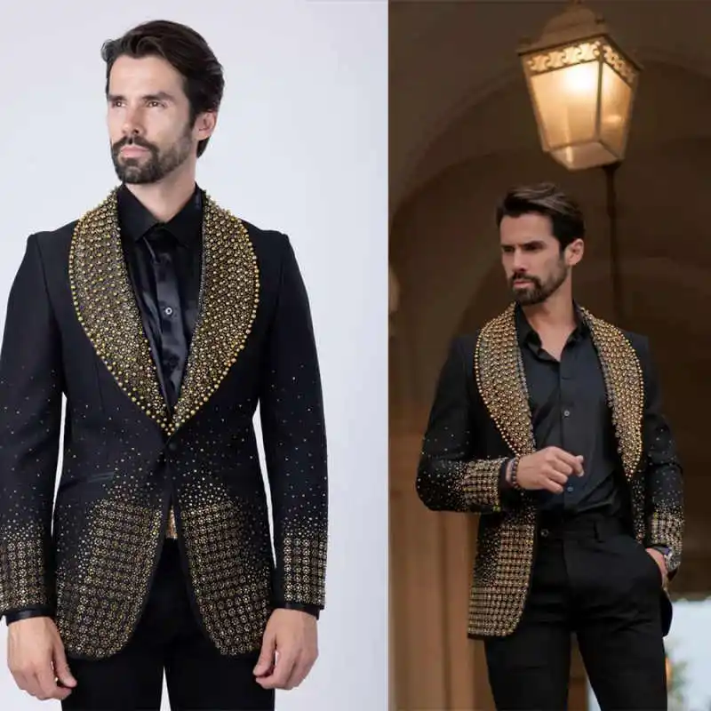 

Glitter Men Suits 2 Pieces Jacket Pants Shawl Lapel Crystals Groom Wedding Tuxedos Formal Occasions Male Blazer Customized