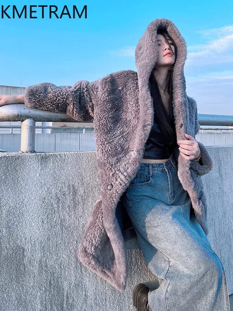 天然ウールシープスキン両面ファーコート レディース ロング リバーシブル 本物の毛皮コート フード付き 冬服 2025 abrigos