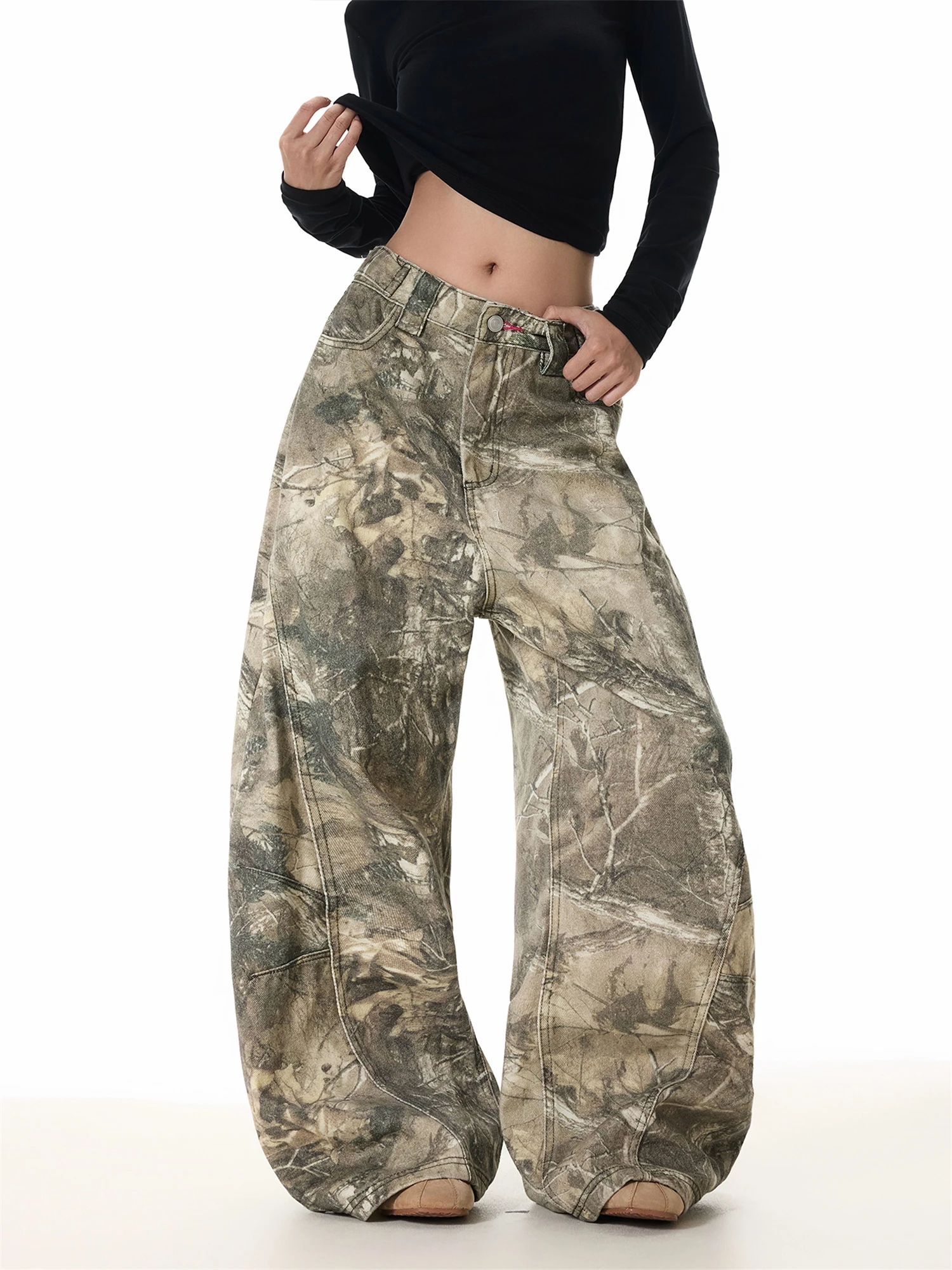 Vaqueros de pierna ancha con estampado de camuflaje para mujer, pantalones de calle informales Vintage con bordado rosa de cintura alta, novedad de 2025