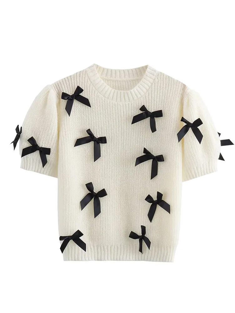 Letni sweter damski z kokardą, krótki rękaw, retro okrągły dekolt, dopasowany krój, styl streetwear, krótki dzianinowy top.