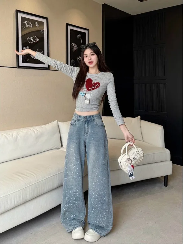 

plus Size Fashionable Rhinestone Denim Pants High Waist Casual Spring Summer New Style Retro Slimming Design Wide Leg Pants