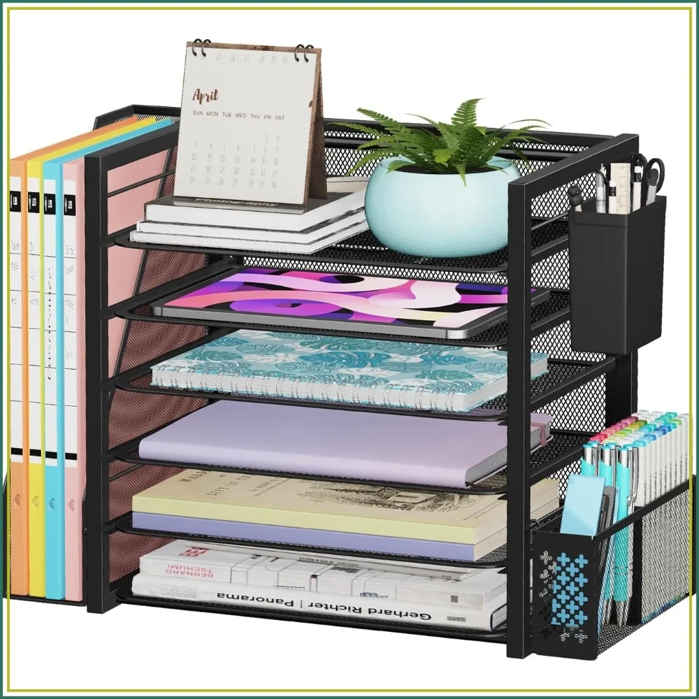 

Simple Trending 6 Tier Desk File Organizer, Paper Letter Tray with File Holder and Pen Container, Black