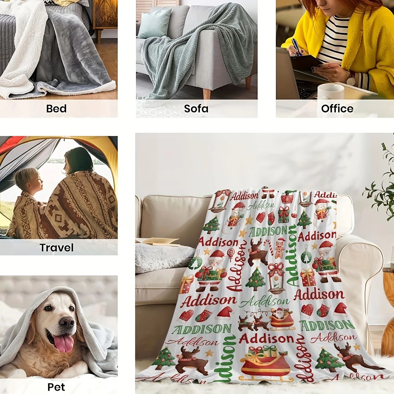 Lightweight Fleece Blanket Santa & Reindeer Pattern Flannel Blanket For Sofa Bed Travel Camping Office Machine Washable