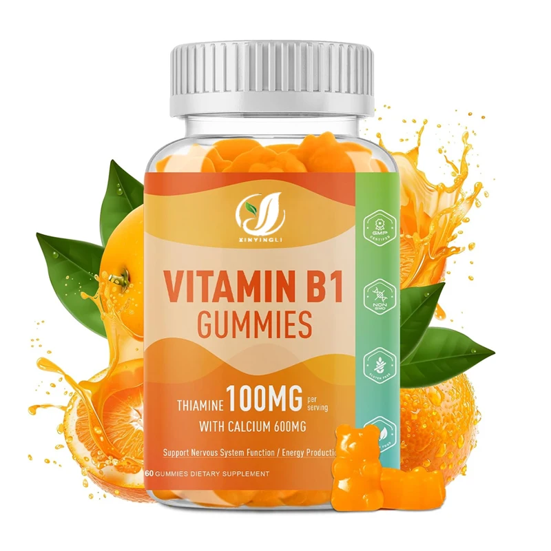 

Vitamin B1 gummies 100mg contain 600mg calcium, enhance energy, orange flavor, non GMO, vegetarian