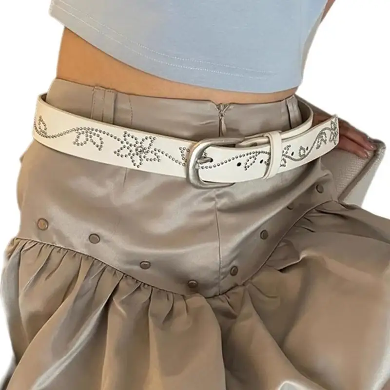 

39BD Women PU Belt Casual Flower Beaded Waist Belt Elegant Rivet Studded Waistband Jeans Pants Belt Girl Clothing Decors