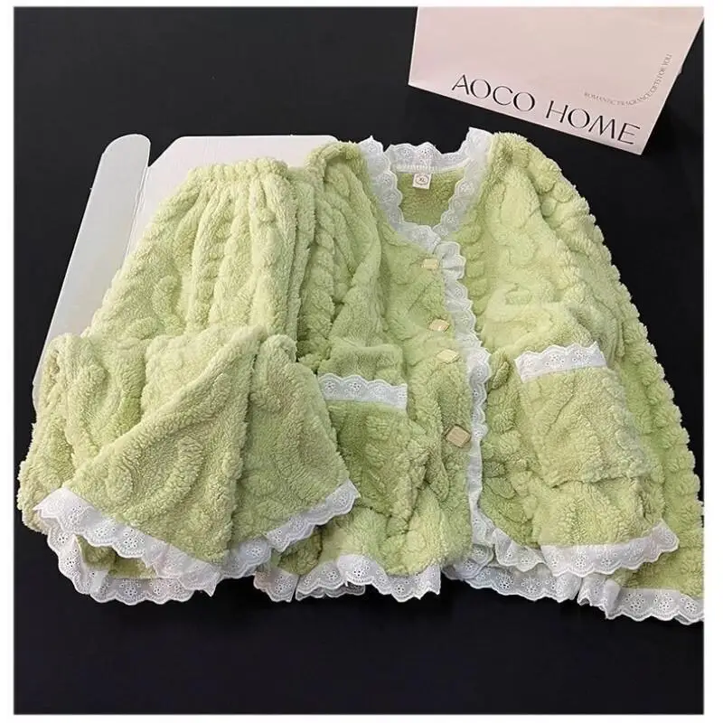 

coral fleece Women's Clothing pajamas female autumn winter Sleepwear new model Korean version thicken keep warm homewear suit