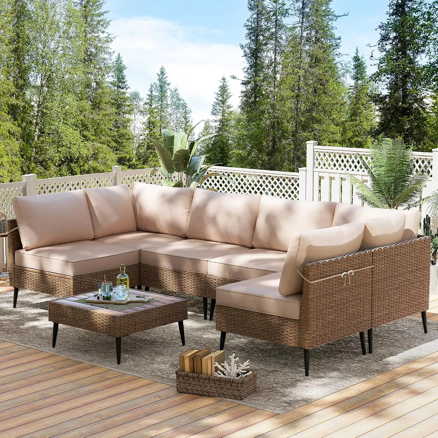 7-Piece Wicker Patio Sofa Set Outdoor Conversation Furniture PE Rattan Sectional with Cushions for Garden Deck, Customized