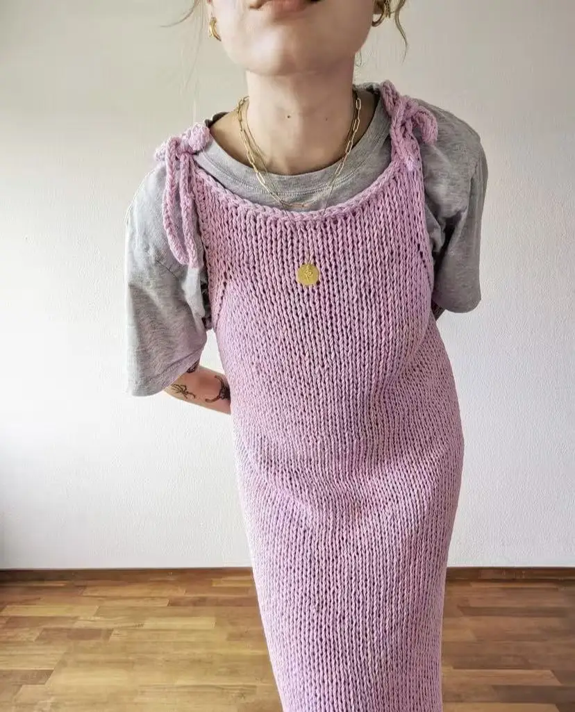 2025 Autumn/Winter Fashion Emerging Celebrity Style Strap Round Neck Solid Color Knitted Dress Pure Wool Needle Hand Knitted