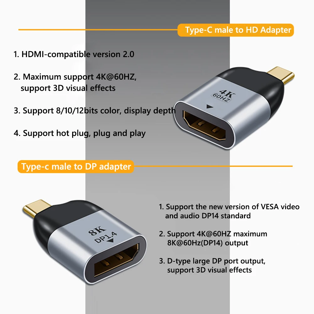 USB C Adapters Type-C OTG Thunderbolt3 to 8K DP1.4/VGA/4K HD Display Converter 1000Mbps RJ45 Ethernet Network Card for Macbook