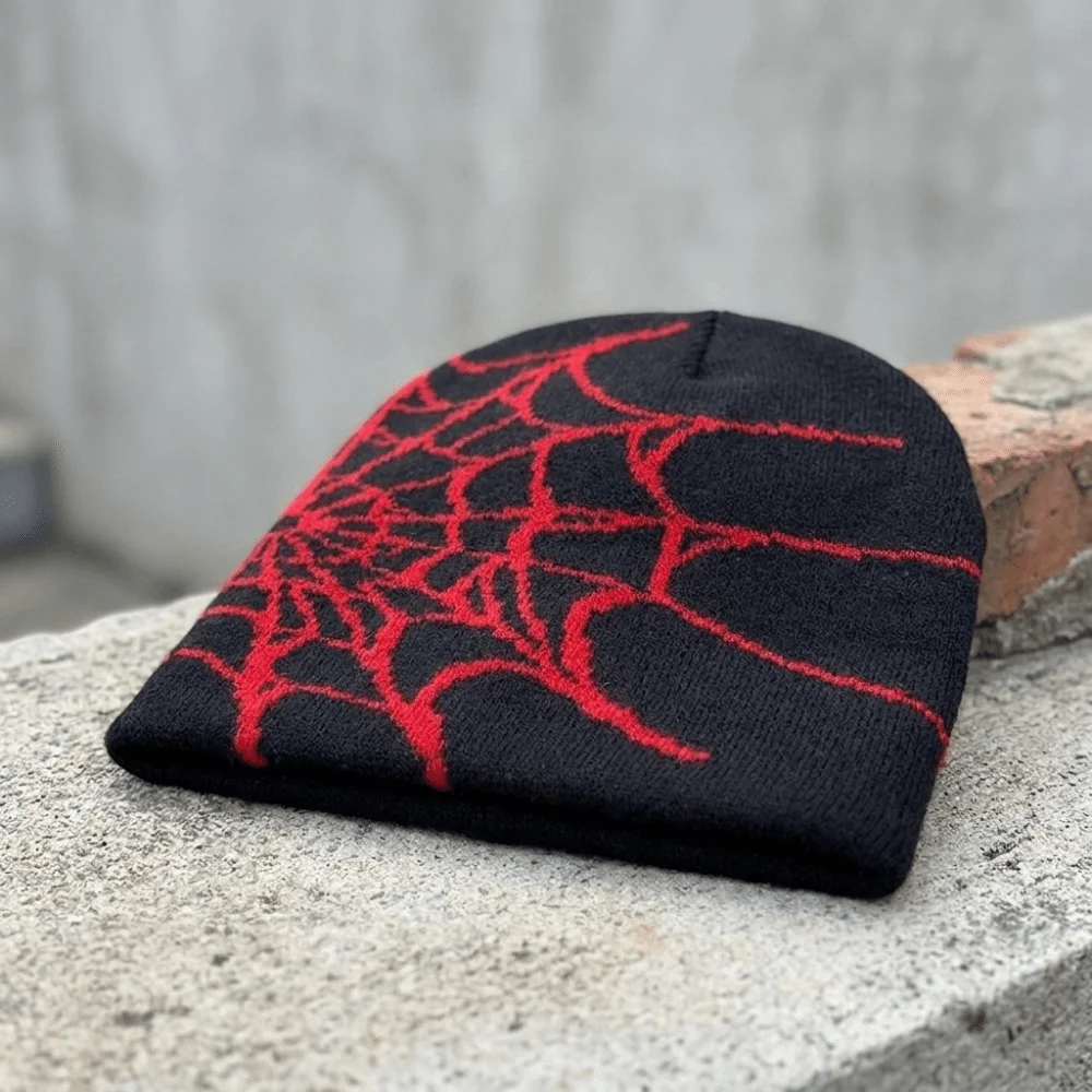 Y2K Soft Spider Web Pattern Be - Beanie Cuffed Knit 评论和价格
